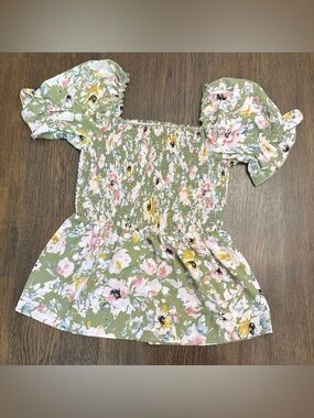 Suzanne Betro Olive Green Floral Smocked Top